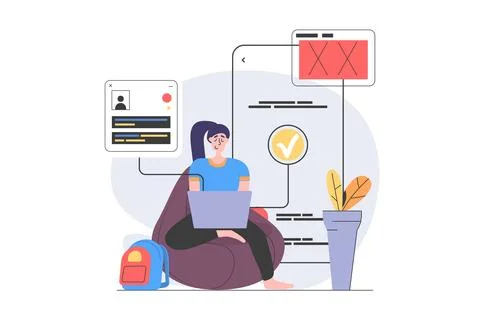 App development concept in modern flat design for web. Woman designer progr.. Stock Illustration