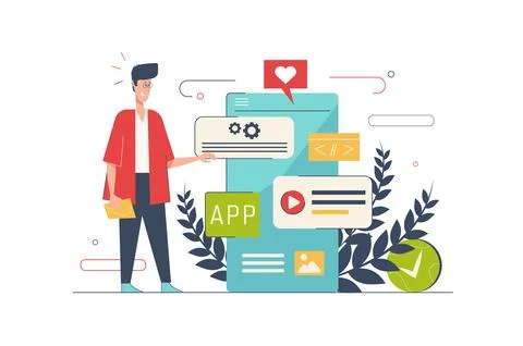 App development concept with people scene in flat cartoon design. Man creates Stock Illustration