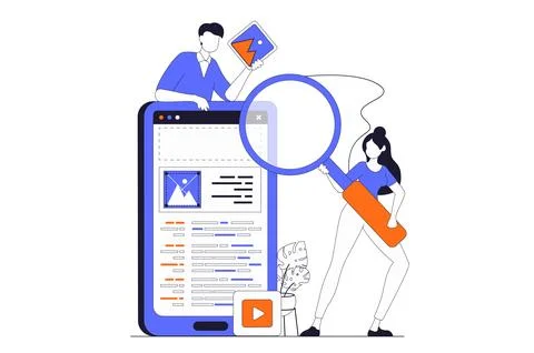 App development concept with people scene in flat outline design. Man and w.. 库存插图