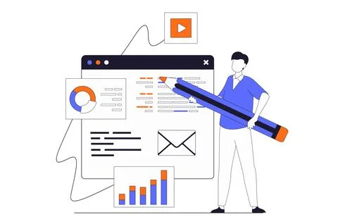 App development concept with people scene in flat outline design. Man desig.. Illustrazione stock