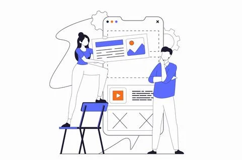 App development concept with people scene in flat outline design. Man and w.. Stock Illustration