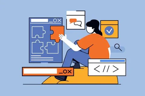 App development concept with people scene in flat design for web. Developer c 스톡 일러스트