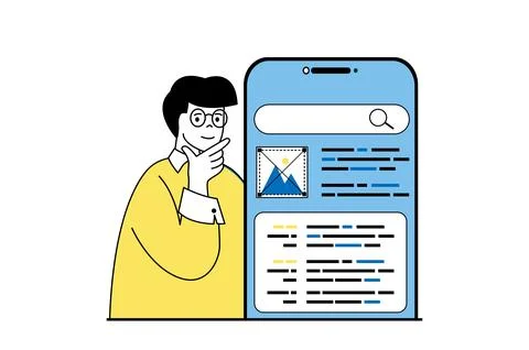 App development concept with people scene in flat web design. Man programmi.. Illustrazione stock