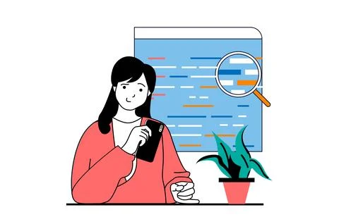 App development concept with people scene in flat web design. Woman developin Stock-Illustration