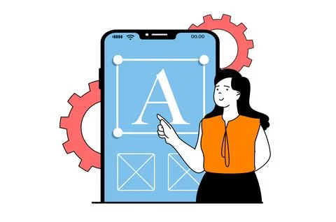 App development concept with people scene in flat web design. Woman developin Illustrazione stock