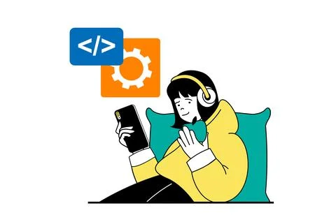 App development concept with people scene in flat web design. Woman developin 스톡 일러스트