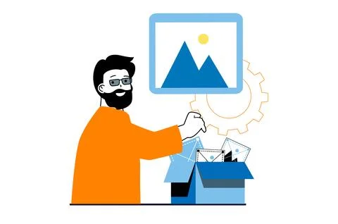 App development concept with people scene in flat web design. Man creating gr Stockillustratie