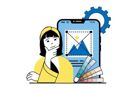 App development concept with people scene in flat web design. Woman creating  Stock Illustration