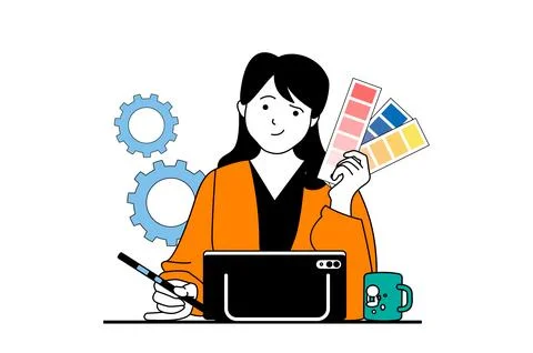 App development concept with people scene in flat web design. Woman designing Stock Illustration