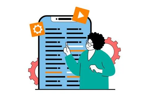 App development concept with people scene in flat web design. Woman designing Stock Illustration