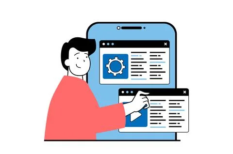 App development concept with people scene in flat web design. Man designing i Illustrazione stock
