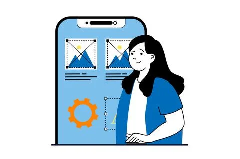 App development concept with people scene in flat web design. Woman designing Stockillustratie