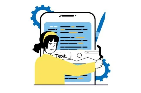 App development concept with people scene in flat web design. Woman engineeri Illustrazione stock