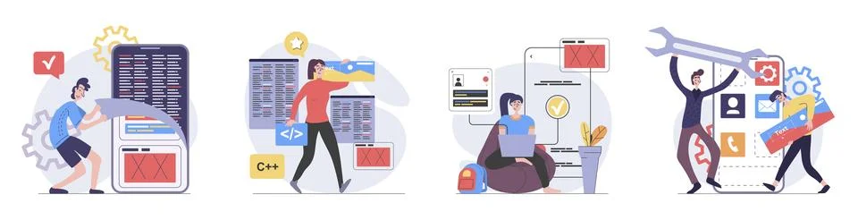 App development concept with people scenes set in flat web design. Collecti.. Illustrazione stock