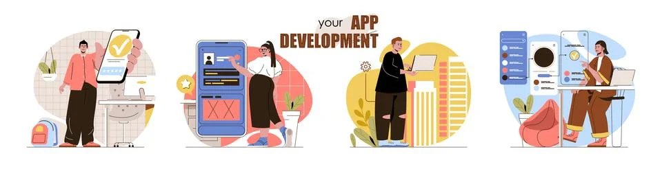 App development concept scenes set. Developers create mobile software Illustrazione stock