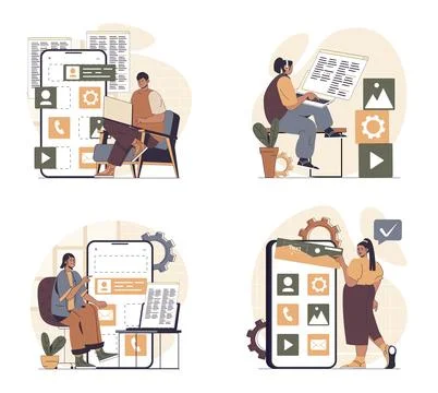 App development concept scenes set in flat web design. People in situations o Illustrazione stock