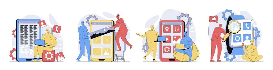 App development concept set in flat design for web. Collection with people .. Stockillustratie