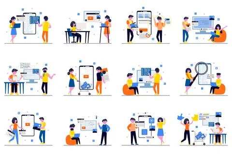 App development concept with tiny people scenes set in flat design. Bundle of Stock Illustration