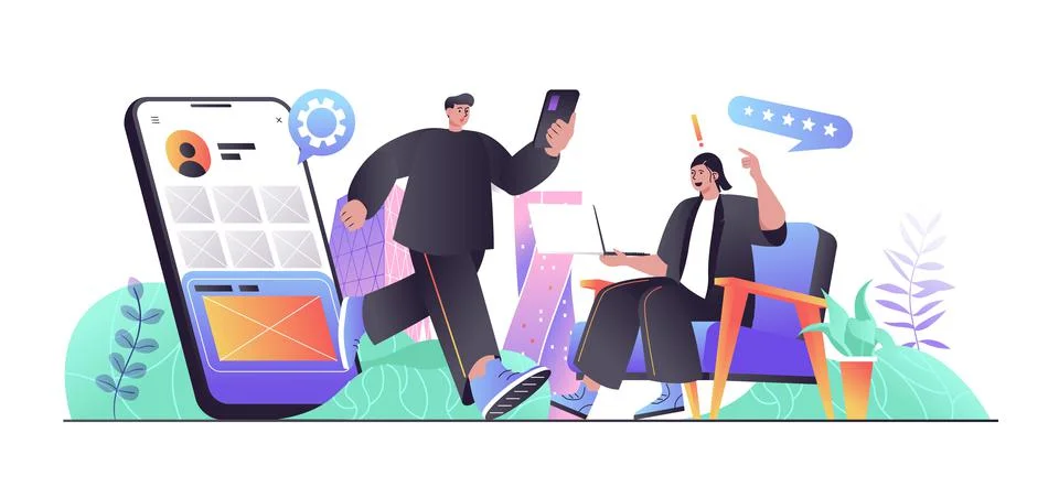 App development concept for web banner. Developers create mobile applications Stock Illustration