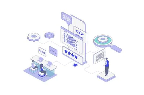 App development isometric concept in outline isometry design for web. People  イラスト素材