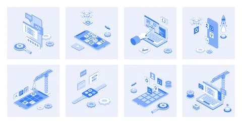 App Development Isometric Concepts Stock Illustration