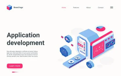 App development isometric landing page Stock Illustration