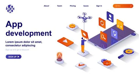 App development isometric landing page. Developer work on smartphone mobile app Stock Illustration