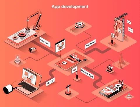 App development isometric web banner. Programming smartphone mobile or comput Illustrazione stock