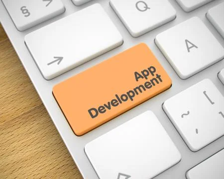 App Development - Message on the Orange Keyboard Key. 3D. 스톡 일러스트