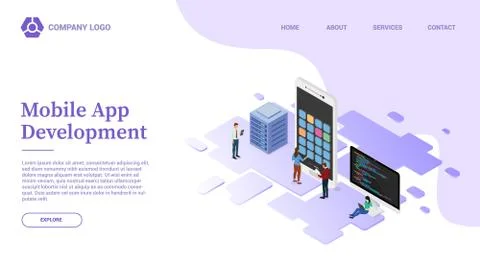 App development with mobile smartphone website template or landing homepage w Stock Illustration