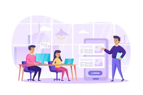 App development at office scene. Developers making mobile application, smartp 스톡 일러스트