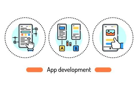 App development outline concept. Technology line color icons. Pictograms for  Illustrazione stock