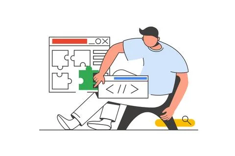 App development outline web concept with character scene. Man creates softw.. Stock Illustration