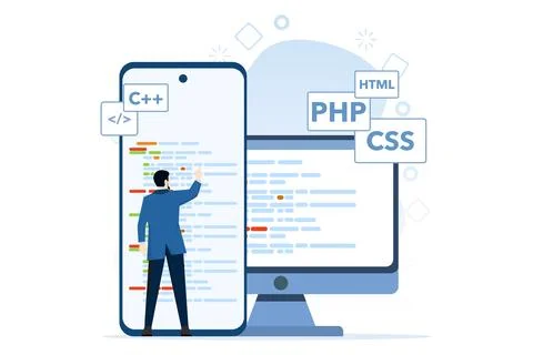 App Development, people in various web and app design and development activities 스톡 일러스트