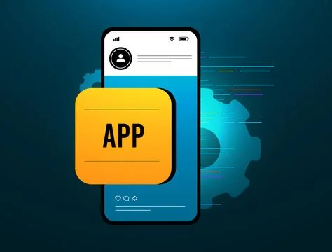 App development process shown through mobile UI design and app integration 스톡 일러스트