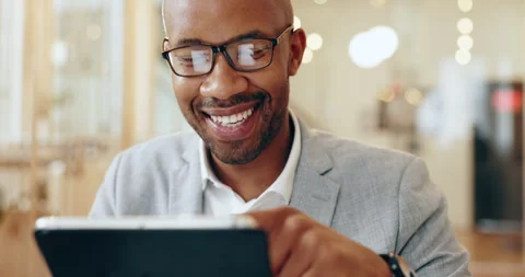 App development, smile and tablet with business black man in office for web Stock Footage 295107748