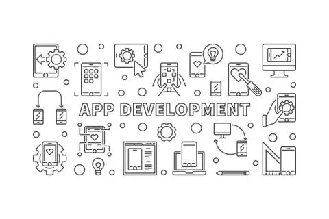 App Development vector concept banner in thin line style 스톡 일러스트