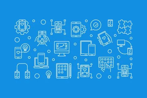 App Development vector horizontal illustration in line style Stock Illustration