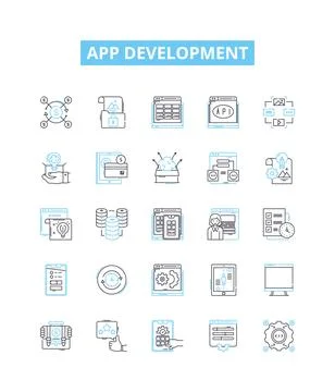 App development vector line icons set. app, development, design, mobile 库存插图