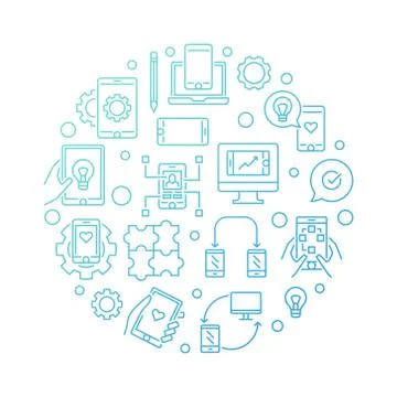 App Development vector round blue concept outline illustration Illustrazione stock