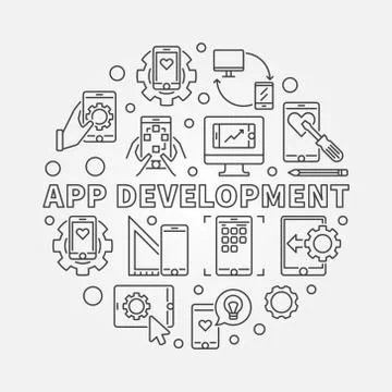 App Development vector round illustration in thin line style Illustrazione stock