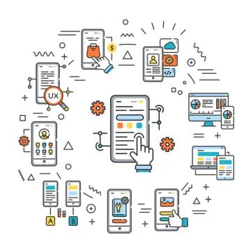 App development web banner. Creating and using a mobile application. Infograp Illustrazione stock