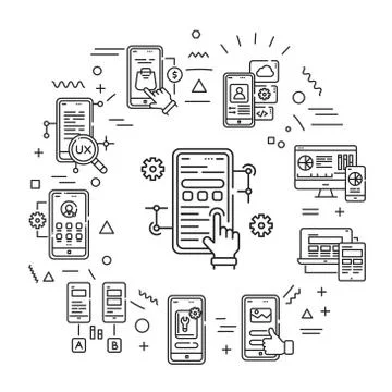 App development web banner. Creating and using a mobile application. Infograp Illustrazione stock