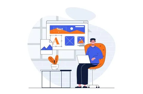 App development web concept with character scene. Man programming and creat.. Stock Illustration