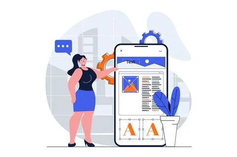 App development web concept with character scene. Woman programming, coding,  스톡 일러스트