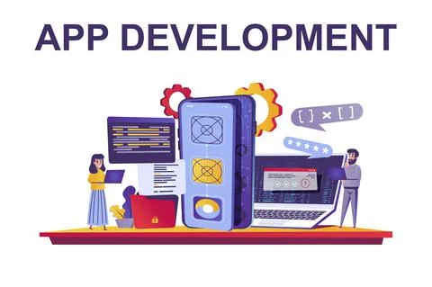 App development web concept in flat style. People working, develop applicatio Stock Illustration