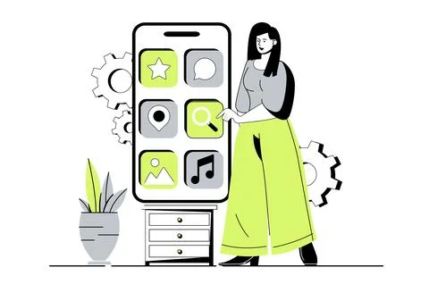 App development web concept with flat cartoon people for website design. Wo.. 스톡 일러스트