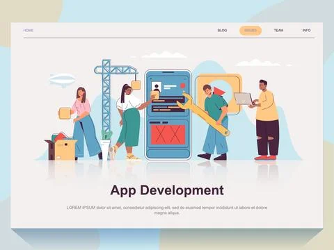 App development web concept for landing page in flat design. Man and woman .. Stock Illustration