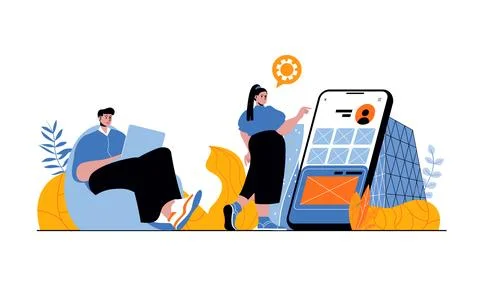 App development web concept with people in flat cartoon design. Man and wom.. Stock Illustration