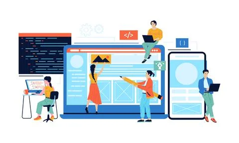 App development. Web page content management. Project coding and programming Illustrazione stock